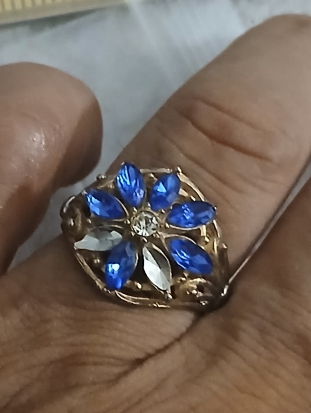 Gold-Tone Ring with Blue and Clear Marquise Stones - Women's Fashion Jewelry